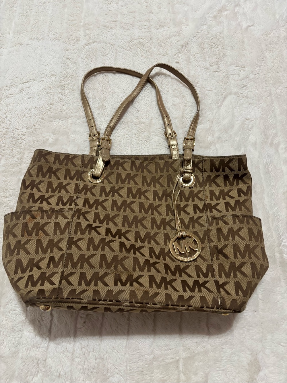 Michael Kors Tan/Brown MK Logo Tote with Gold Accents